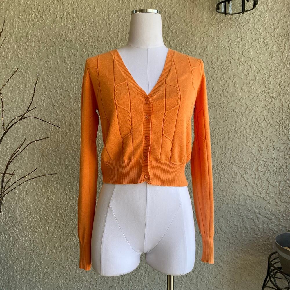 VTG Knit Cardigan Crop Cable Knit Style Buttons Orange Small Preppy Casual